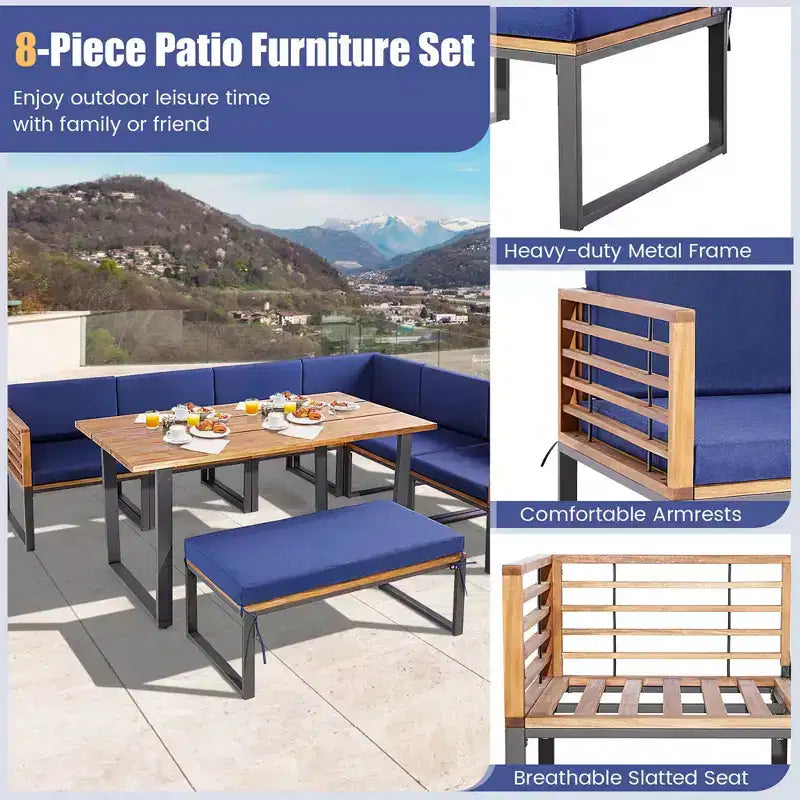 Costway 8pcs Patio Acacia Wood Dining Table & Ottoman Sofa Chair Set Outdoor Furniture
