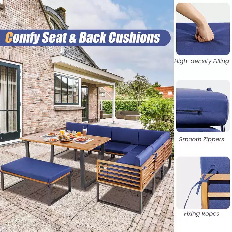 Costway 8pcs Patio Acacia Wood Dining Table & Ottoman Sofa Chair Set Outdoor Furniture