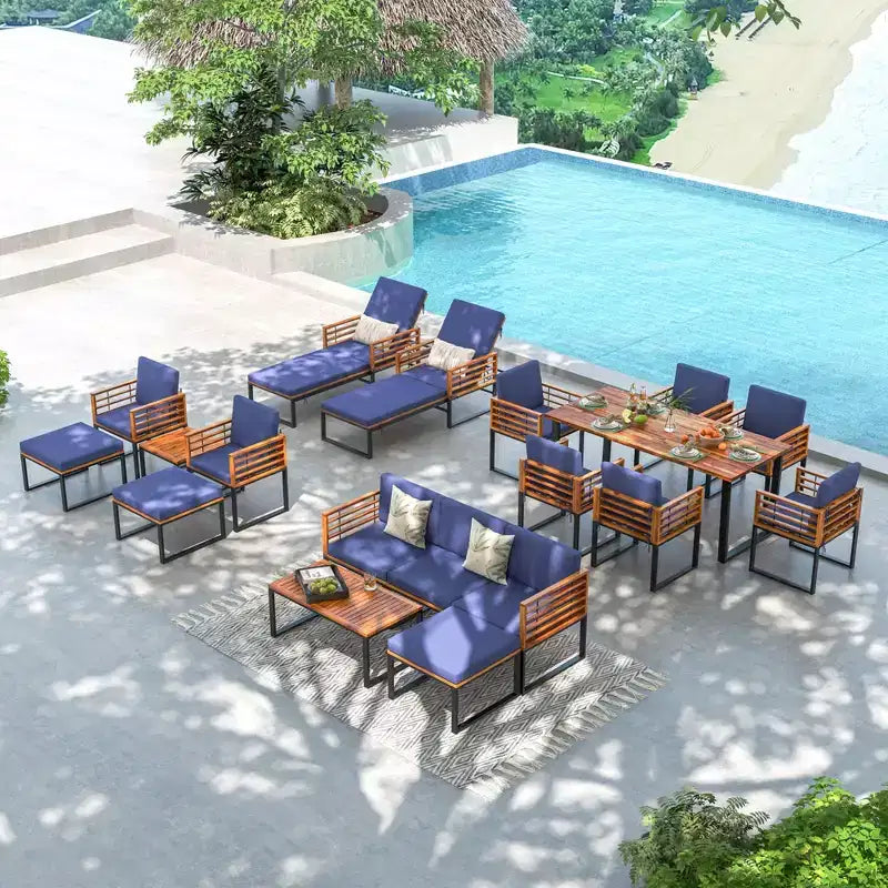 Costway 8pcs Patio Acacia Wood Dining Table & Ottoman Sofa Chair Set Outdoor Furniture