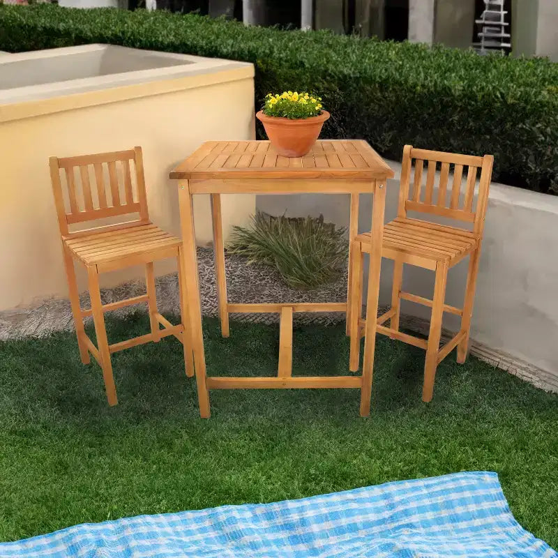 Sunnydaze 3-Piece Teak Wood Outdoor Bar Set - Brown