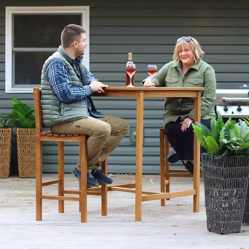 Sunnydaze 3-Piece Teak Wood Outdoor Bar Set - Brown