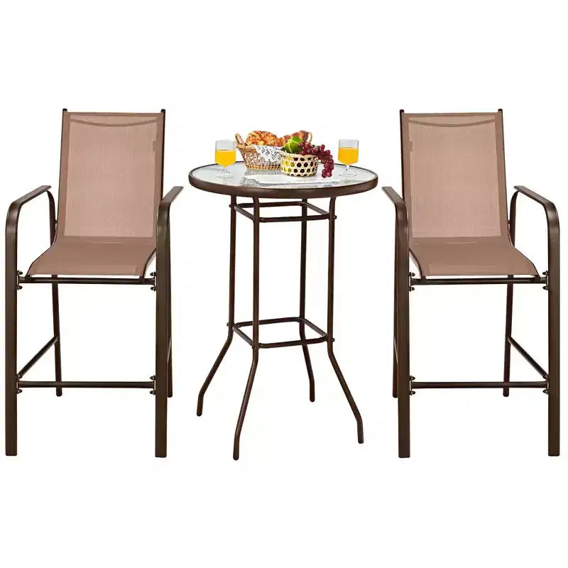 Costway 3 PCS Outdoor Patio Bar Table Stool Set Height Tempered Glass Top