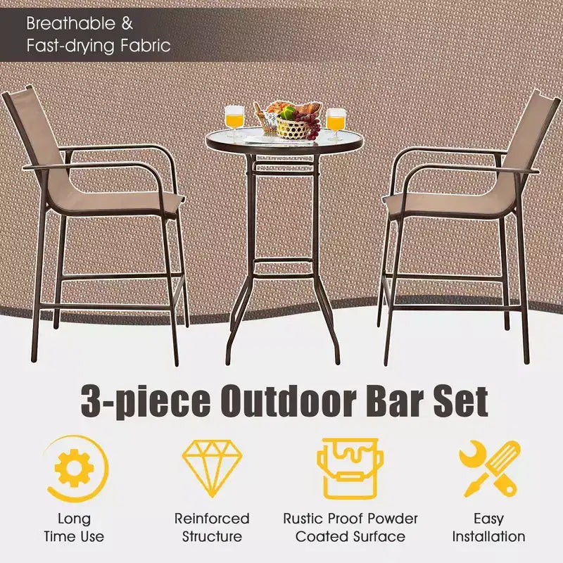 Costway 3 PCS Outdoor Patio Bar Table Stool Set Height Tempered Glass Top