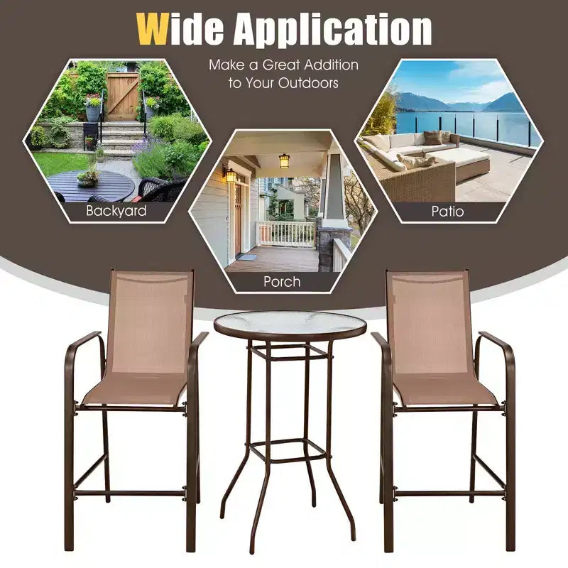 Costway 3 PCS Outdoor Patio Bar Table Stool Set Height Tempered Glass Top