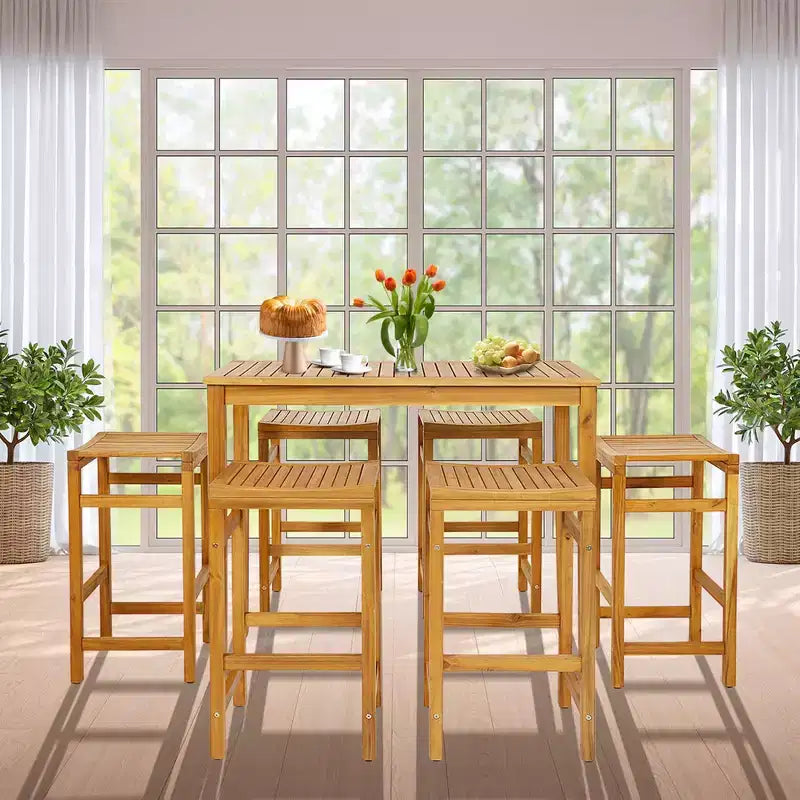 Costway 7 PCS Acacia Wood Bar Table Set 45 Rectangular Dining Table & 6 Saddle Stools