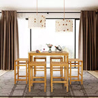 Costway 7 PCS Acacia Wood Bar Table Set 45 Rectangular Dining Table & 6 Saddle Stools