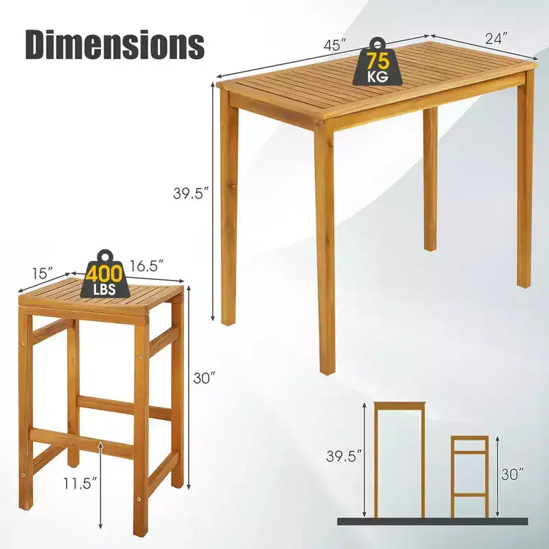 Costway 7 PCS Acacia Wood Bar Table Set 45 Rectangular Dining Table & 6 Saddle Stools