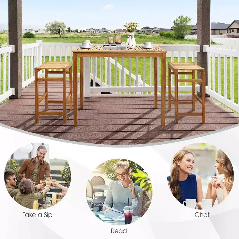 Costway 7 PCS Acacia Wood Bar Table Set 45 Rectangular Dining Table & 6 Saddle Stools