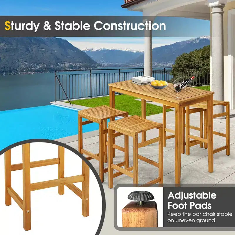 Costway 7 PCS Acacia Wood Bar Table Set 45 Rectangular Dining Table & 6 Saddle Stools