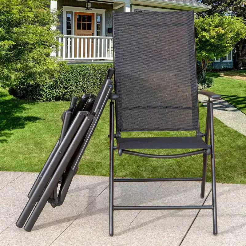 Captiva Designs 9pc Spacious Slat Top Square Metal Table with Umbrella Hole & 8 Reclining Foldable Chairs Outdoor Patio Dining Set