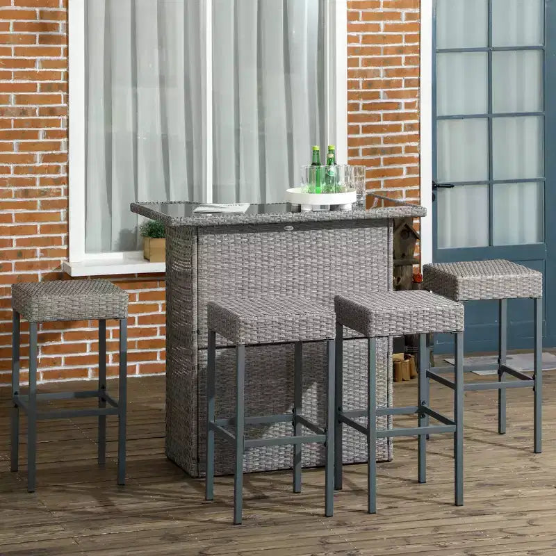 Outsunny 5 Pcs Rattan Wicker Bar Set, High Top Outdoor Table and Chairs with Glass Top, Storage Shelf, and 4 Bar Stools for Poolside
