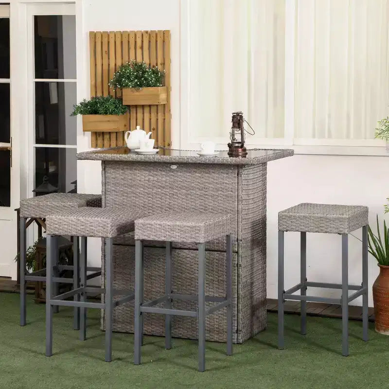 Outsunny 5 Pcs Rattan Wicker Bar Set, High Top Outdoor Table and Chairs with Glass Top, Storage Shelf, and 4 Bar Stools for Poolside