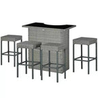 Outsunny 5 Pcs Rattan Wicker Bar Set, High Top Outdoor Table and Chairs with Glass Top, Storage Shelf, and 4 Bar Stools for Poolside