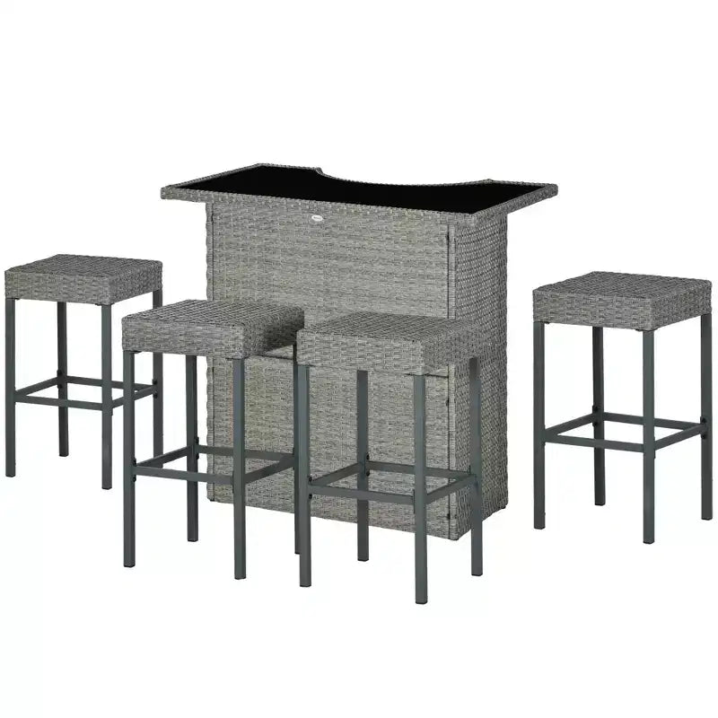 Outsunny 5 Pcs Rattan Wicker Bar Set, High Top Outdoor Table and Chairs with Glass Top, Storage Shelf, and 4 Bar Stools for Poolside