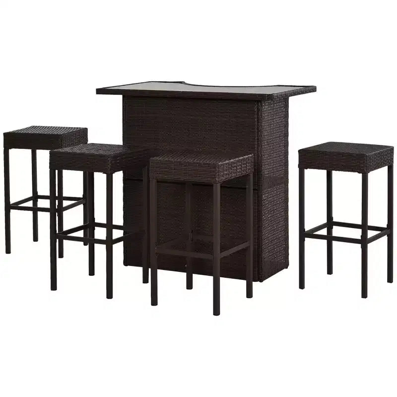 Outsunny 5 Pcs Rattan Wicker Bar Set, High Top Outdoor Table and Chairs with Glass Top, Storage Shelf, and 4 Bar Stools for Poolside