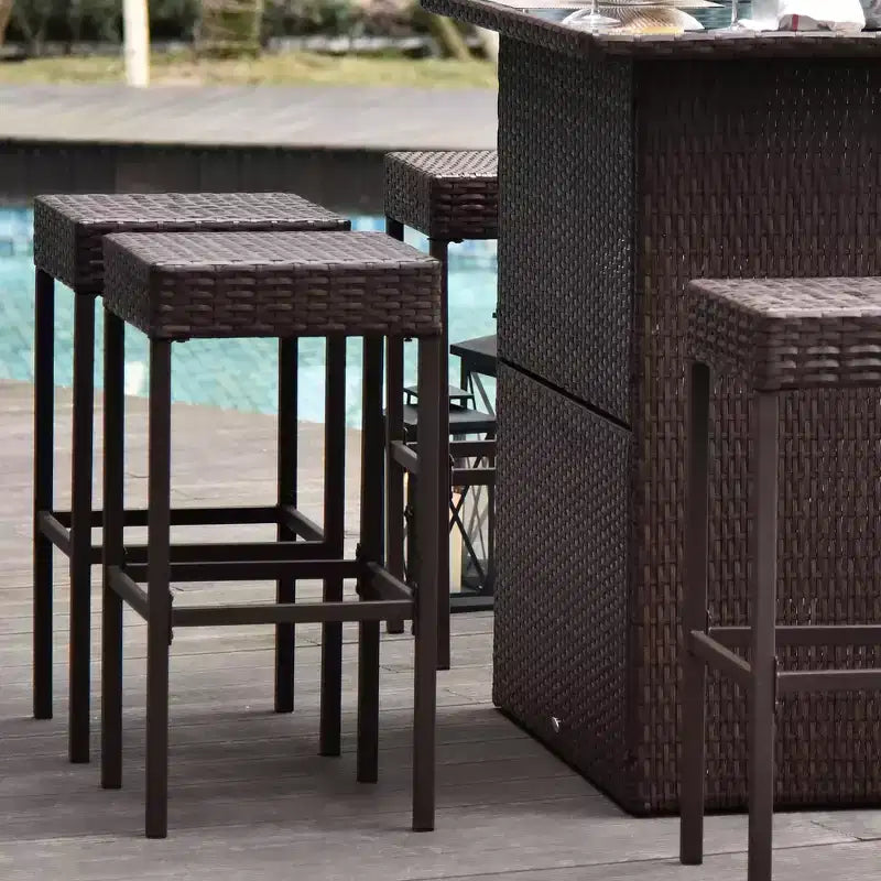 Outsunny 5 Pcs Rattan Wicker Bar Set, High Top Outdoor Table and Chairs with Glass Top, Storage Shelf, and 4 Bar Stools for Poolside