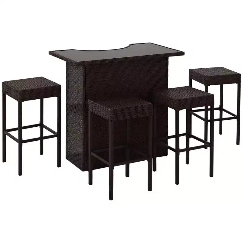 Outsunny 5 Pcs Rattan Wicker Bar Set, High Top Outdoor Table and Chairs with Glass Top, Storage Shelf, and 4 Bar Stools for Poolside