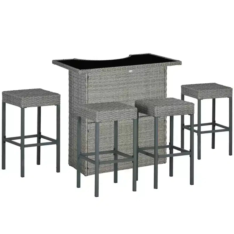 Outsunny Set da bar in rattan e vimini da 5 pezzi, tavolo e sedie da esterno ad altezza elevata con piano in vetro, ripiano portaoggetti e 4 sgabelli da bar per bordo piscina