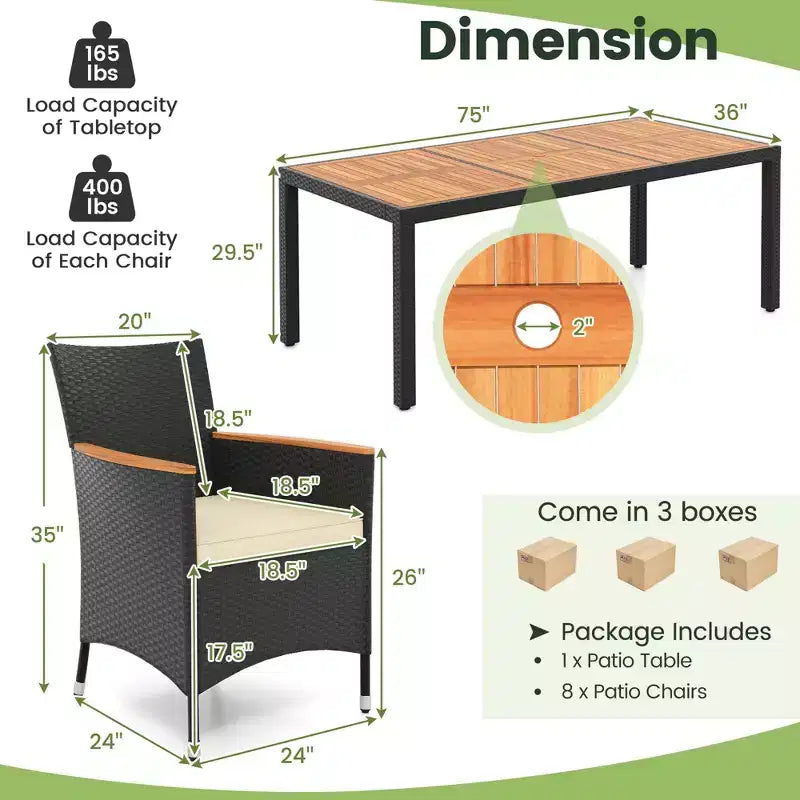 Costway 9 PCS Outdoor Dining Set with Acacia Wood Tabletop, Umbrella Hole, Seat Cushions
