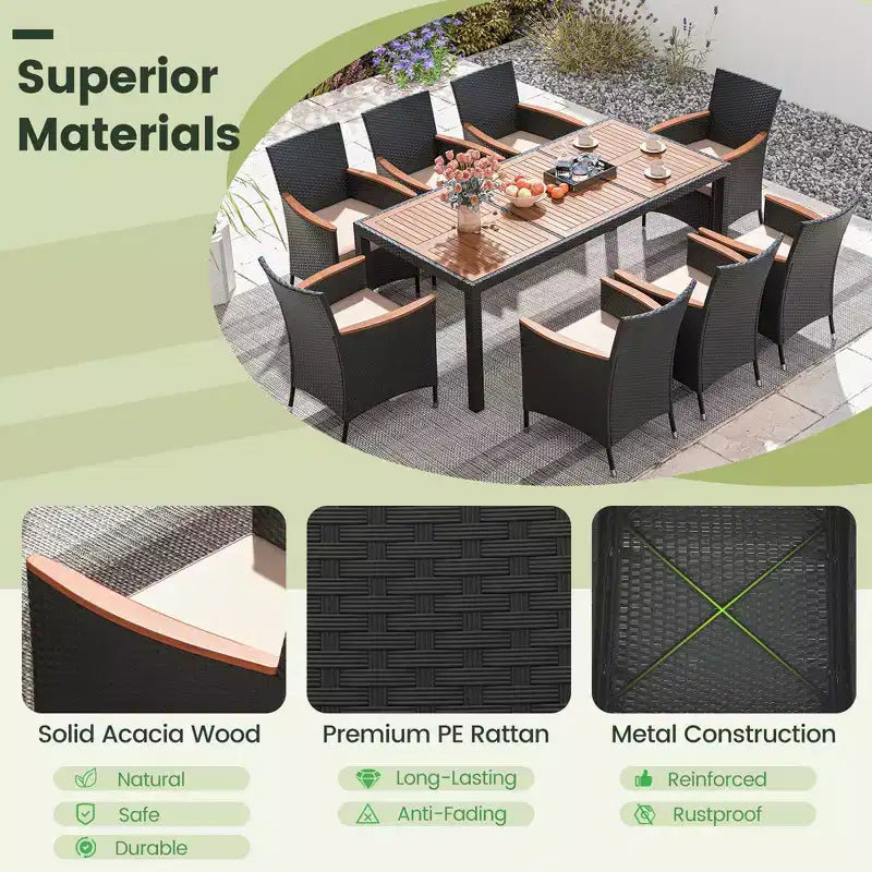 Costway 9 PCS Outdoor Dining Set with Acacia Wood Tabletop, Umbrella Hole, Seat Cushions