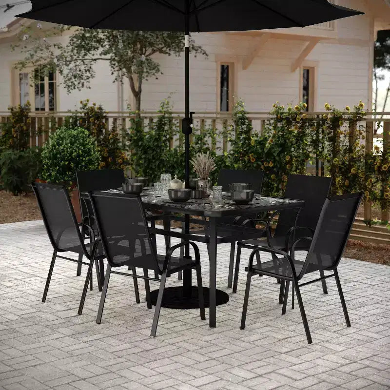 Flash Furniture Brazos 7 Piece Commercial Grade Patio Dining Set with Tempered Glass Patio Table and 6 Chairs with Flex Comfort Material Seats and Backs