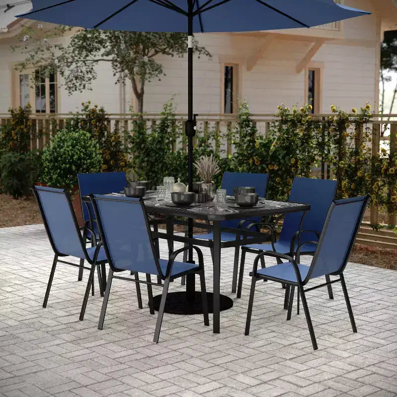 Flash Furniture Brazos 7 Piece Commercial Grade Patio Dining Set with Tempered Glass Patio Table and 6 Chairs with Flex Comfort Material Seats and Backs