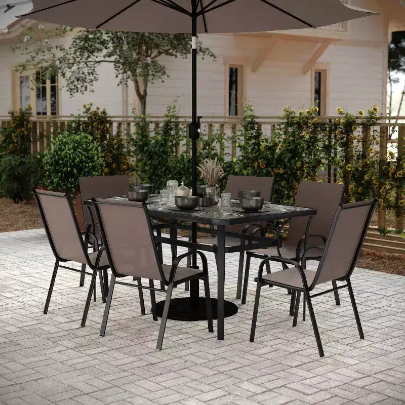 Flash Furniture Brazos 7 Piece Commercial Grade Patio Dining Set with Tempered Glass Patio Table and 6 Chairs with Flex Comfort Material Seats and Backs