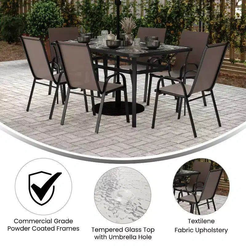 Flash Furniture Brazos 7 Piece Commercial Grade Patio Dining Set with Tempered Glass Patio Table and 6 Chairs with Flex Comfort Material Seats and Backs