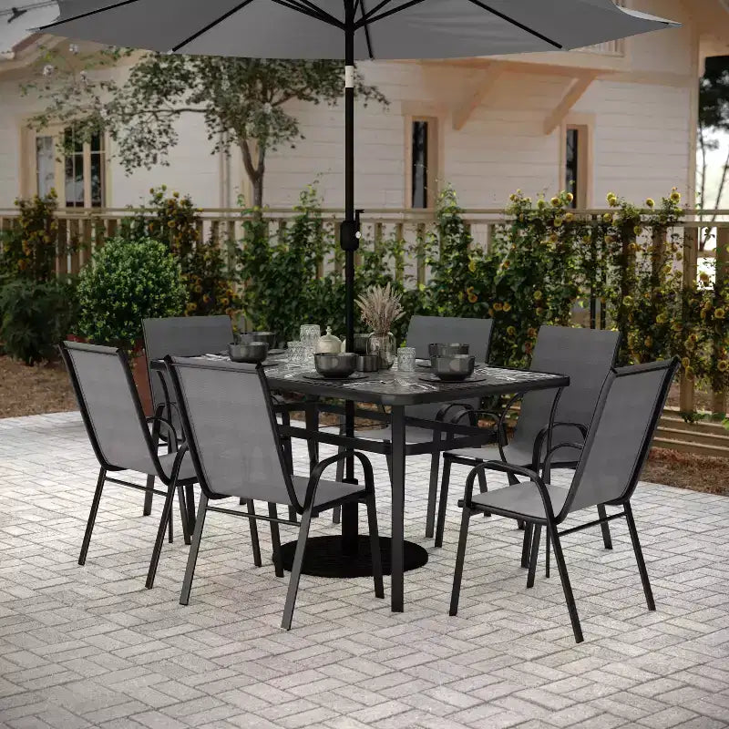 Flash Furniture Brazos 7 Piece Commercial Grade Patio Dining Set with Tempered Glass Patio Table and 6 Chairs with Flex Comfort Material Seats and Backs