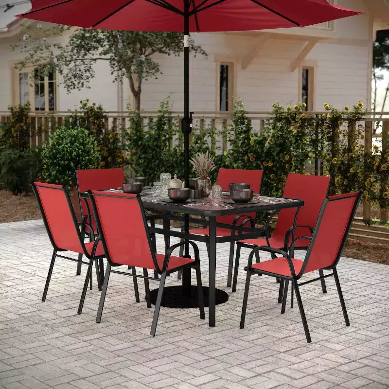 Flash Furniture Brazos 7 Piece Commercial Grade Patio Dining Set with Tempered Glass Patio Table and 6 Chairs with Flex Comfort Material Seats and Backs