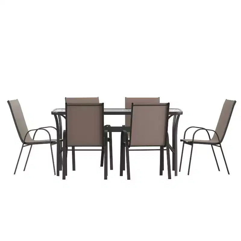 Flash Furniture Brazos 7-teiliges Essset für die Terrasse in Gewerbequalität mit Terrassentisch aus gehärtetem Glas und 6 Stühlen mit Sitzen und Lehnen aus Flex-Comfort-Material