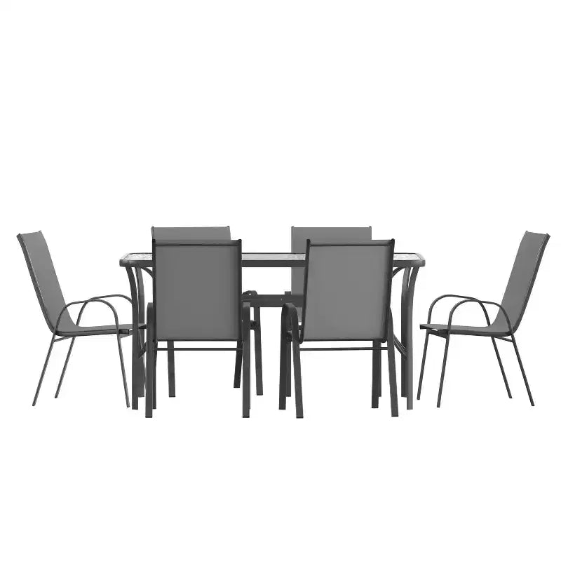 Flash Furniture Brazos 7-teiliges Essset für die Terrasse in Gewerbequalität mit Terrassentisch aus gehärtetem Glas und 6 Stühlen mit Sitzen und Lehnen aus Flex-Comfort-Material
