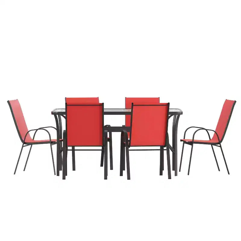 Flash Furniture Brazos 7-teiliges Essset für die Terrasse in Gewerbequalität mit Terrassentisch aus gehärtetem Glas und 6 Stühlen mit Sitzen und Lehnen aus Flex-Comfort-Material