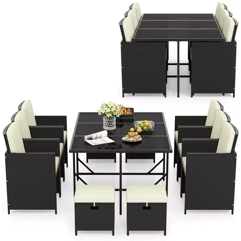Costway 11 Pieces Patio Dining Set Space-saving Wicker Chairs & Tempered Glass Table