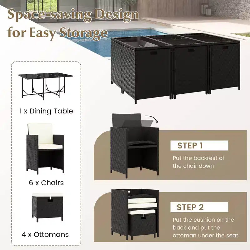 Costway 11 Pieces Patio Dining Set Space-saving Wicker Chairs & Tempered Glass Table