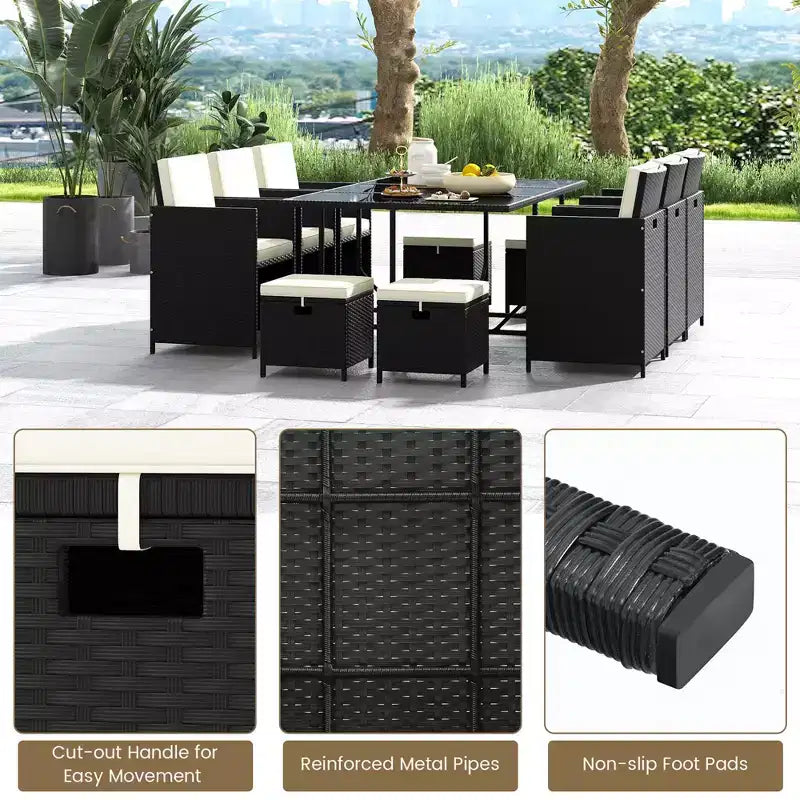 Costway 11 Pieces Patio Dining Set Space-saving Wicker Chairs & Tempered Glass Table