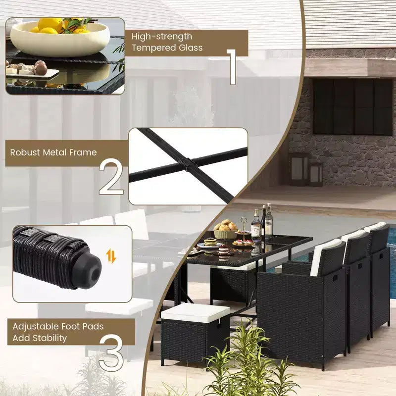 Costway 11 Pieces Patio Dining Set Space-saving Wicker Chairs & Tempered Glass Table