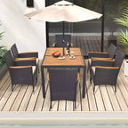 Costway 7 PCS Outdoor Dining Set for 6 with Umbrella Hole Acacia Wood Tabletop Poolside Black & Natural