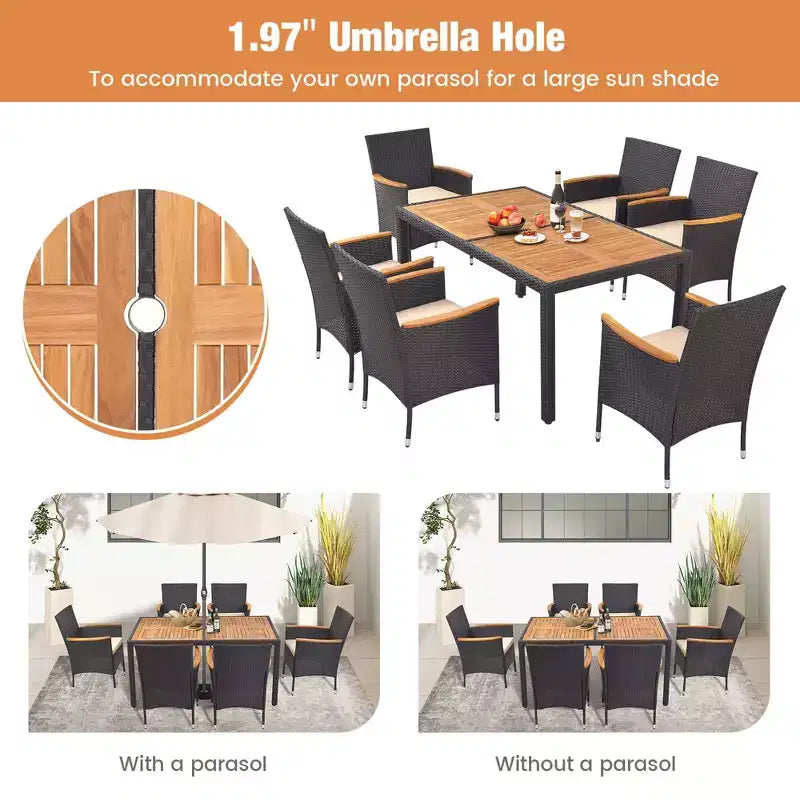 Costway 7 PCS Outdoor Dining Set for 6 with Umbrella Hole Acacia Wood Tabletop Poolside Black & Natural