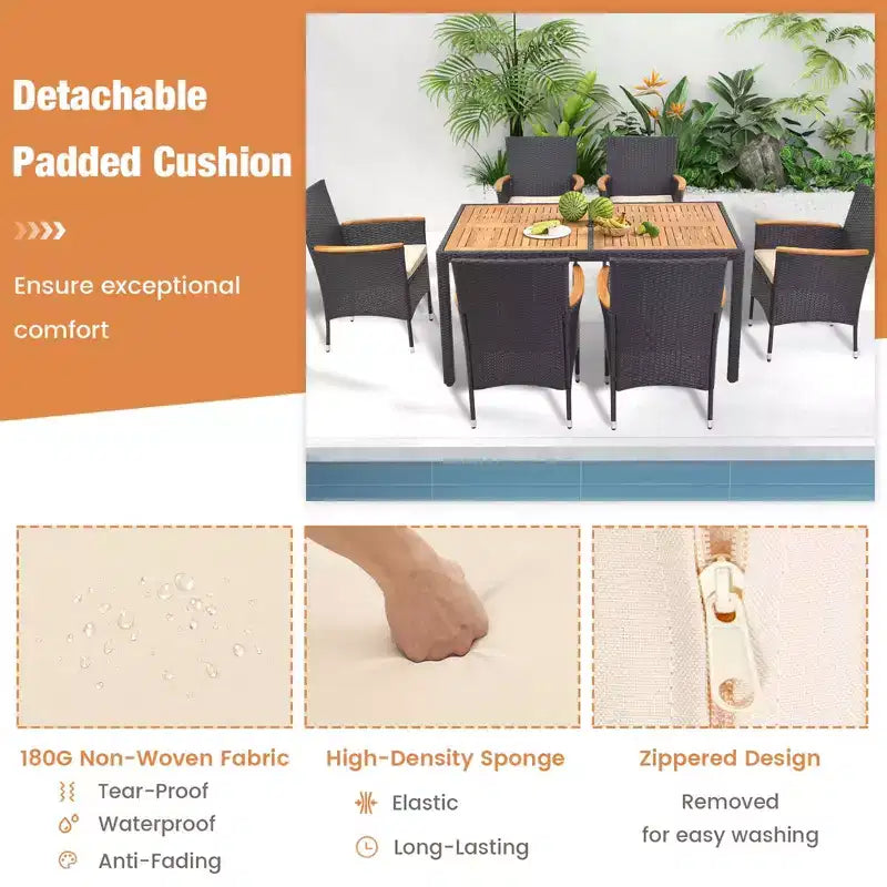 Costway 7 PCS Outdoor Dining Set for 6 with Umbrella Hole Acacia Wood Tabletop Poolside Black & Natural