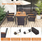 Costway 7 PCS Outdoor Dining Set for 6 with Umbrella Hole Acacia Wood Tabletop Poolside Black & Natural
