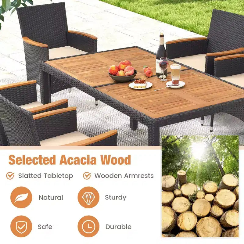 Costway 7 PCS Outdoor Dining Set for 6 with Umbrella Hole Acacia Wood Tabletop Poolside Black & Natural