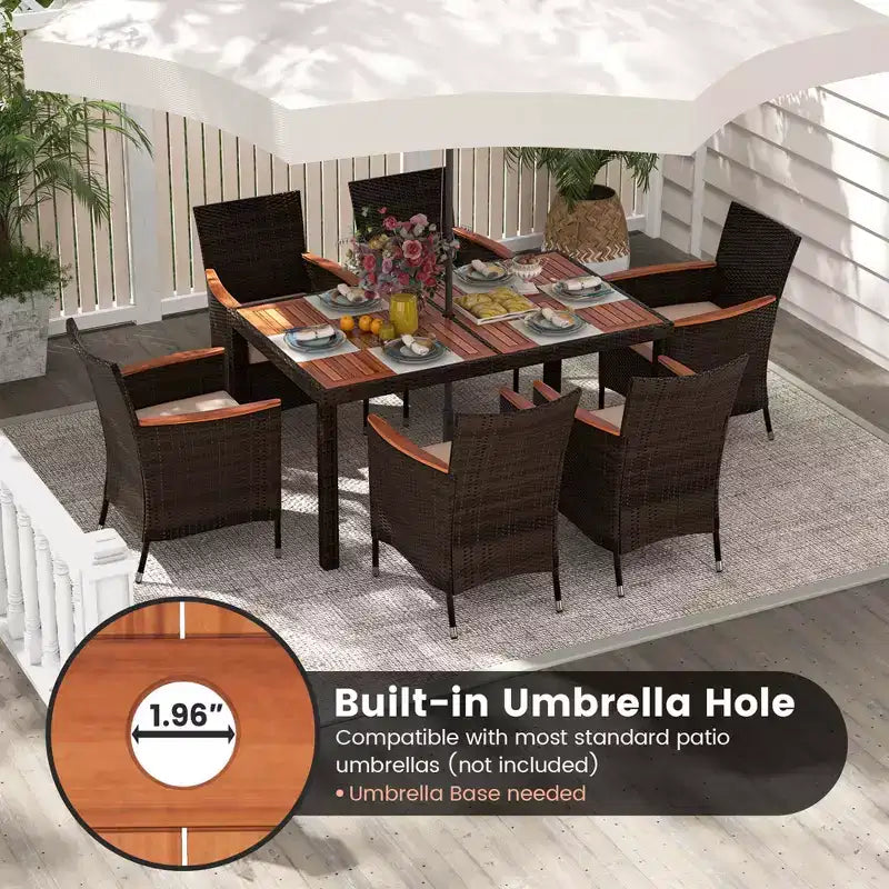 Costway 7 Pieces Outdoor Wicker Dining Set with Acacia Wood Table and 6 Stackable Chairs
