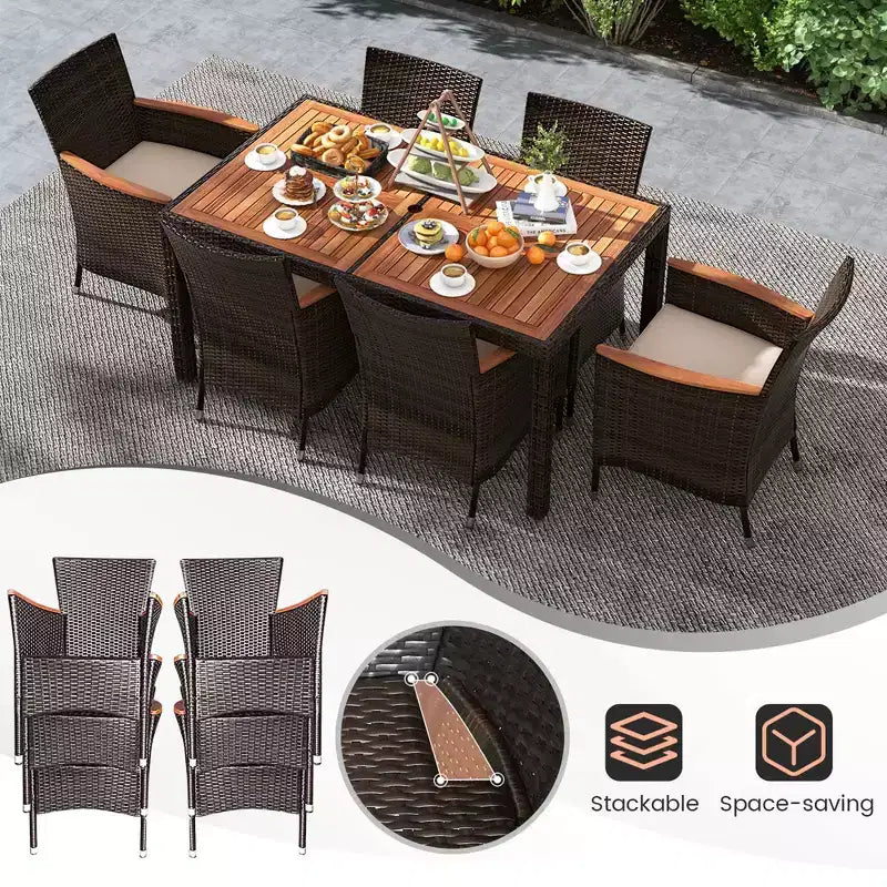Costway 7 Pieces Outdoor Wicker Dining Set with Acacia Wood Table and 6 Stackable Chairs