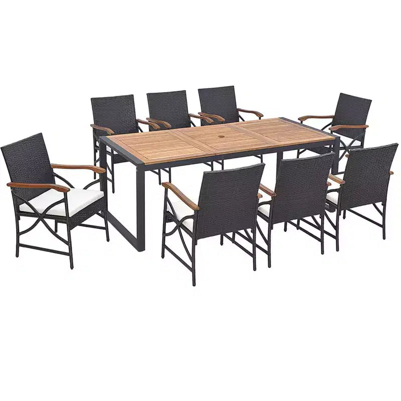 Costway 9 Pieces Patio Rattan Dining Set with Acacia Wood Table, 1.9 Umbrella Hole