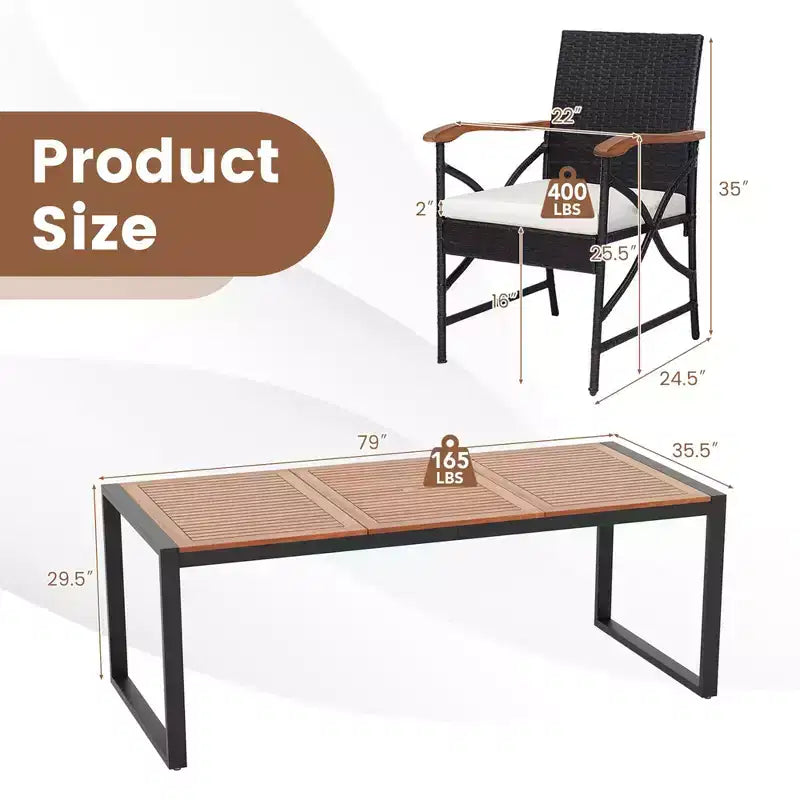 Costway 9 Pieces Patio Rattan Dining Set with Acacia Wood Table, 1.9 Umbrella Hole