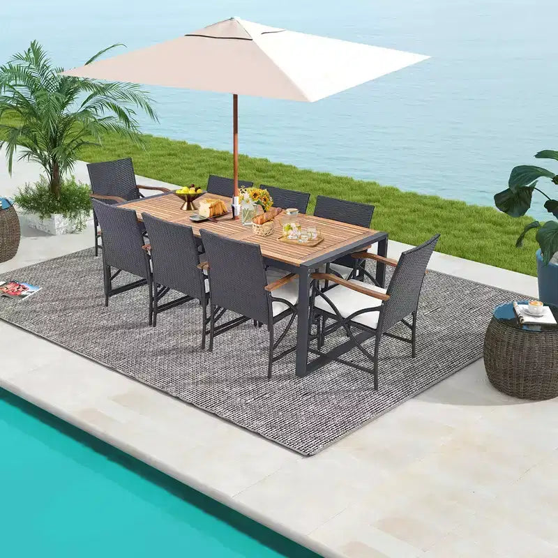 Costway 9 Pieces Patio Rattan Dining Set with Acacia Wood Table, 1.9 Umbrella Hole