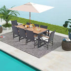 Costway 9 Pieces Patio Rattan Dining Set with Acacia Wood Table, 1.9 Umbrella Hole