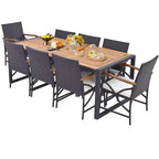 Costway 9 Pieces Patio Rattan Dining Set with Acacia Wood Table, 1.9 Umbrella Hole