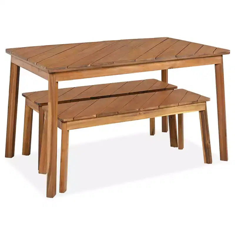 3pc Outdoor Patio Acacia Wood Table Bench Dining Set, Picnic Beer Table With 2 Benches 4A, Natural -ModernLuxe